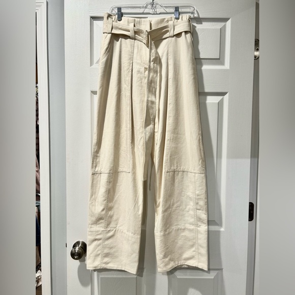 NWOT ZARA Cream Belted Pocket Relaxed Fit Versatile Cotton Trouser Pants Size S - Picture 7 of 8